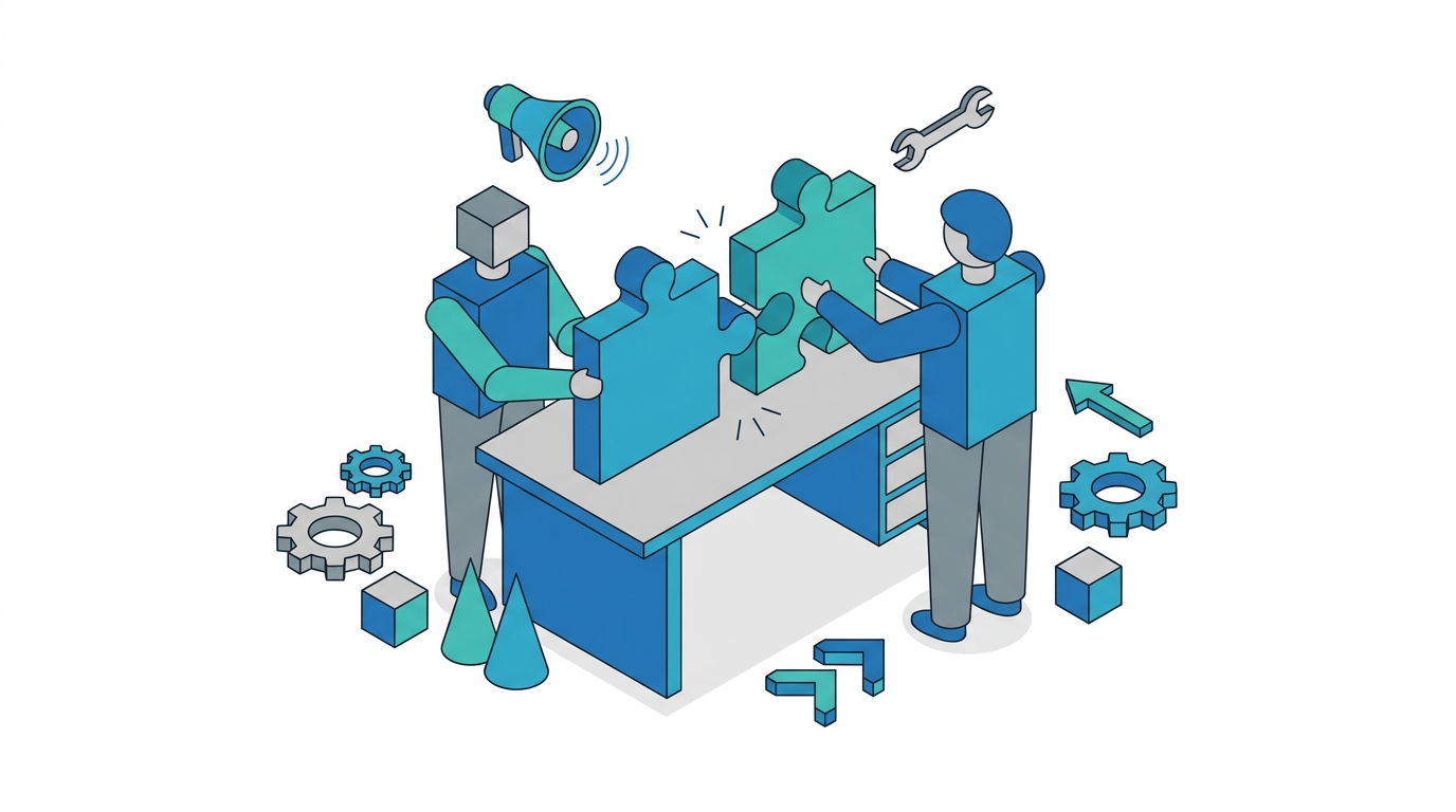 Two figures at a desk fitting two large puzzle pieces together with a megaphone icon above one and a wrench icon above the other