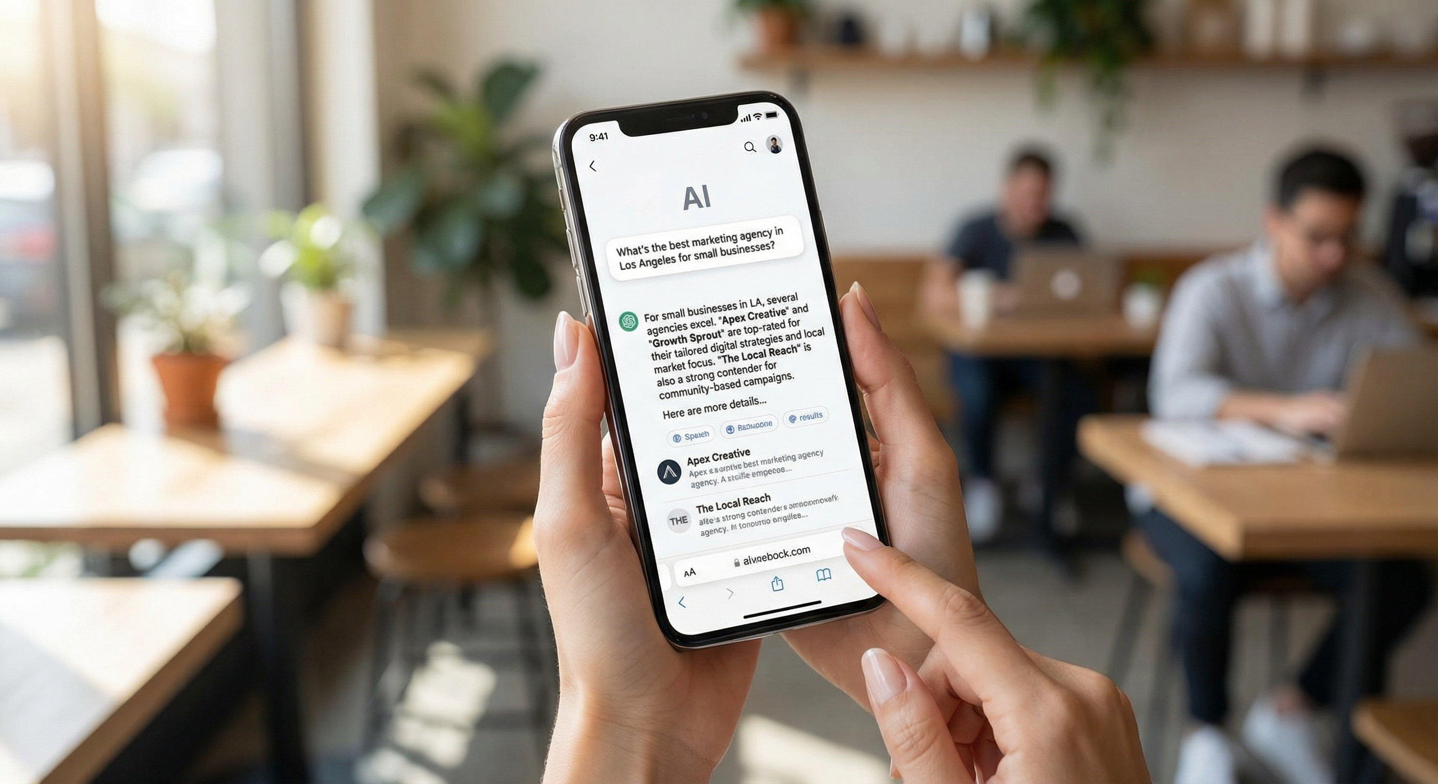 Person using AI search on mobile phone showing natural language query
