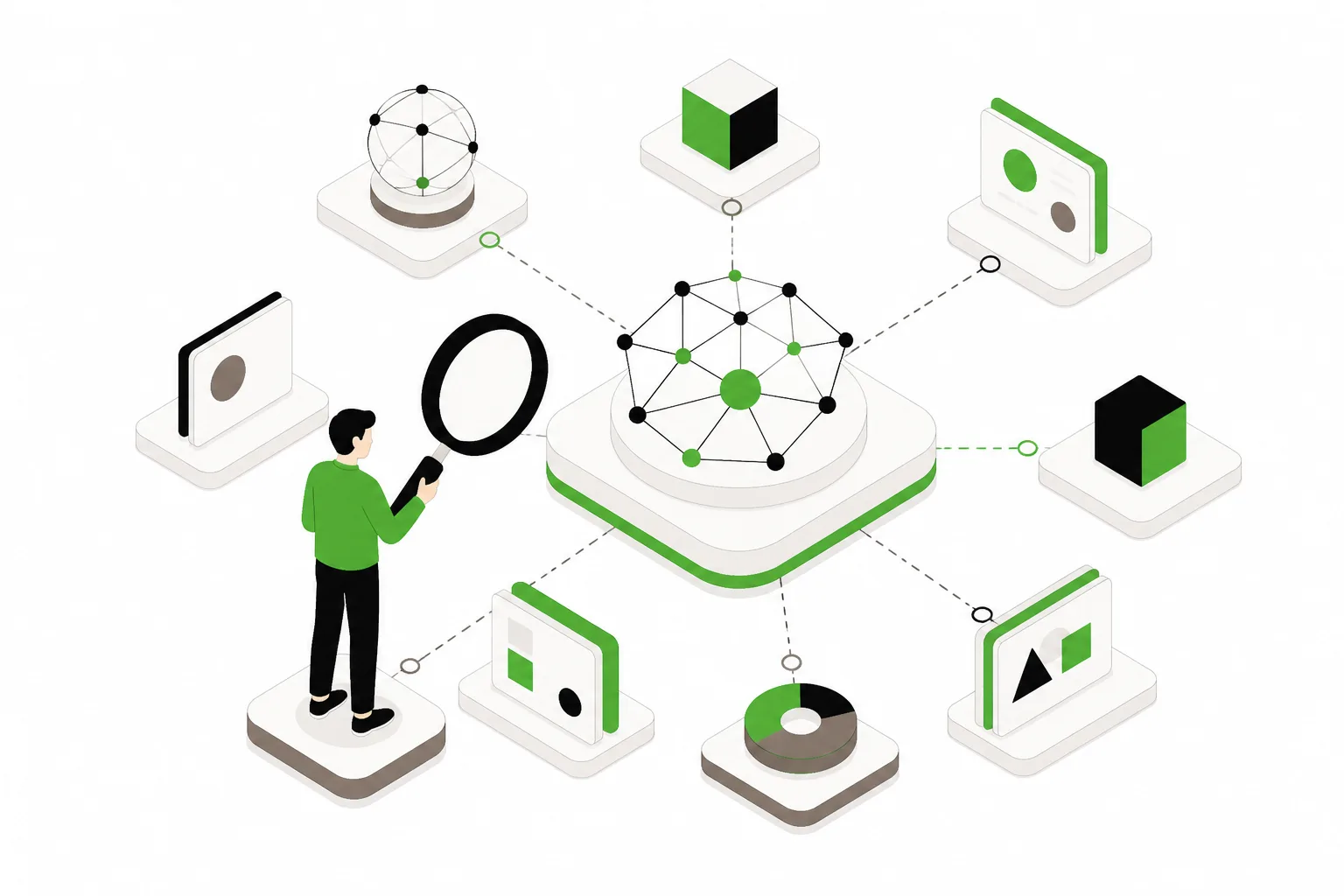 Isometric network of nodes illustrating AI visibility analysis.