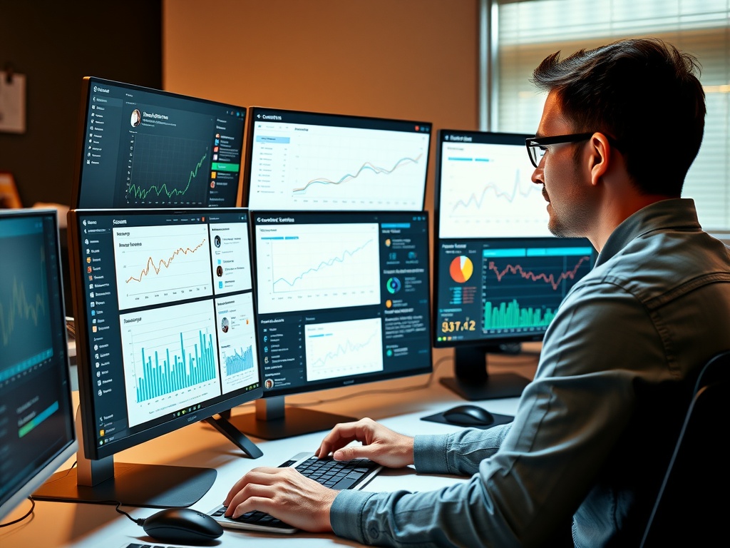 Marketing professional analyzing SEO dashboards and AI-powered analytics tools