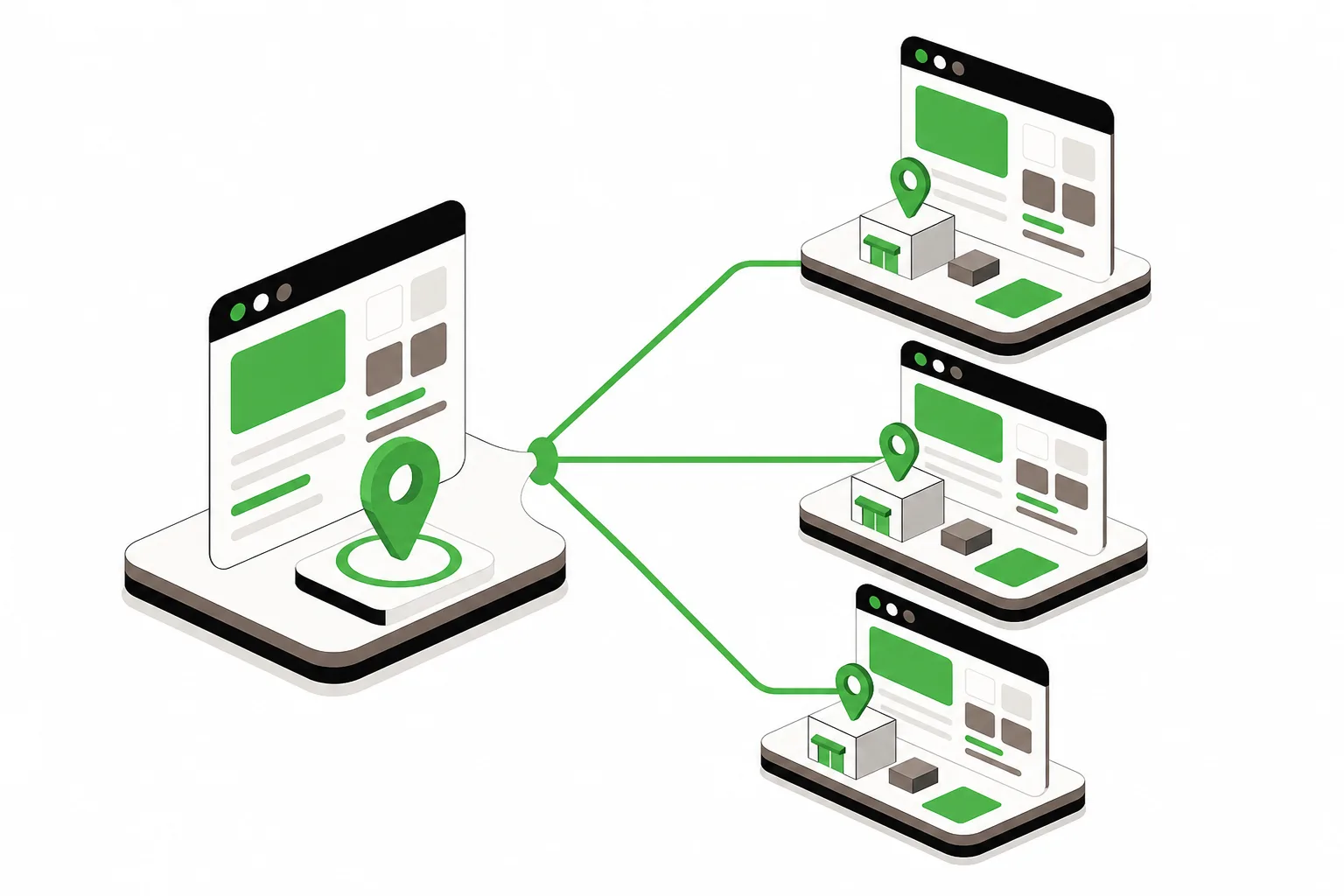 Conceptual diagram of location pages with matching elements like names and addresses.