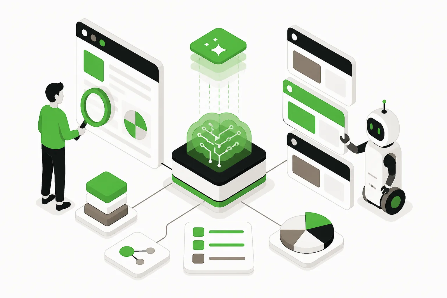 Abstract composition representing an AI citation audit with interconnected digital icons.