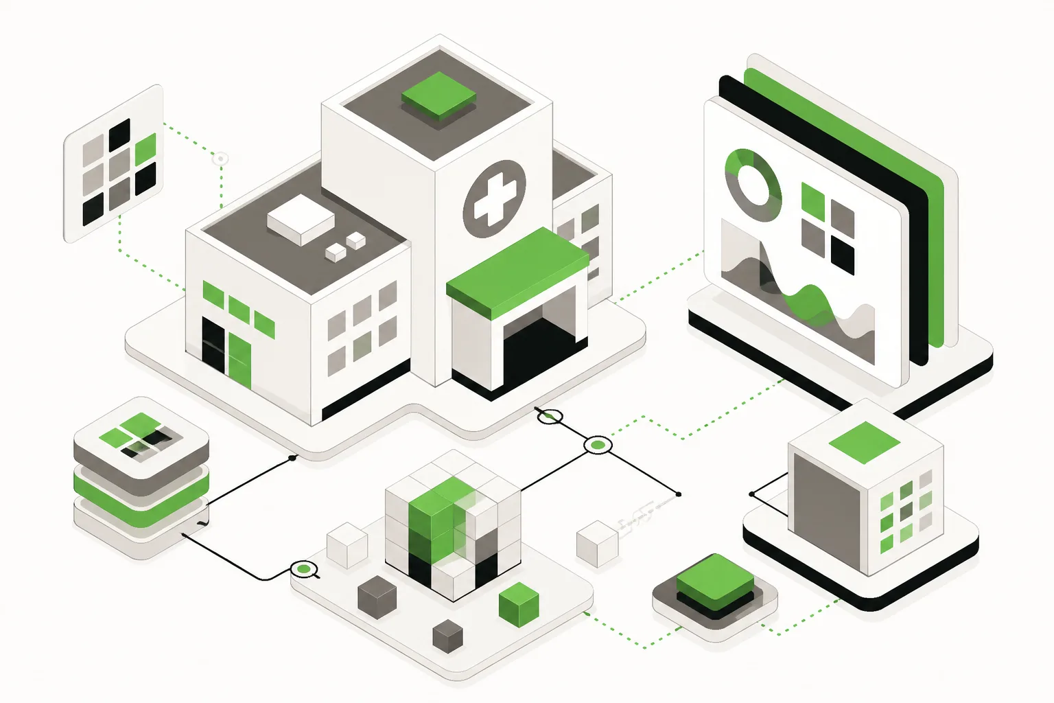 Abstract geometric shapes representing technical capabilities in a healthcare facility environment.
