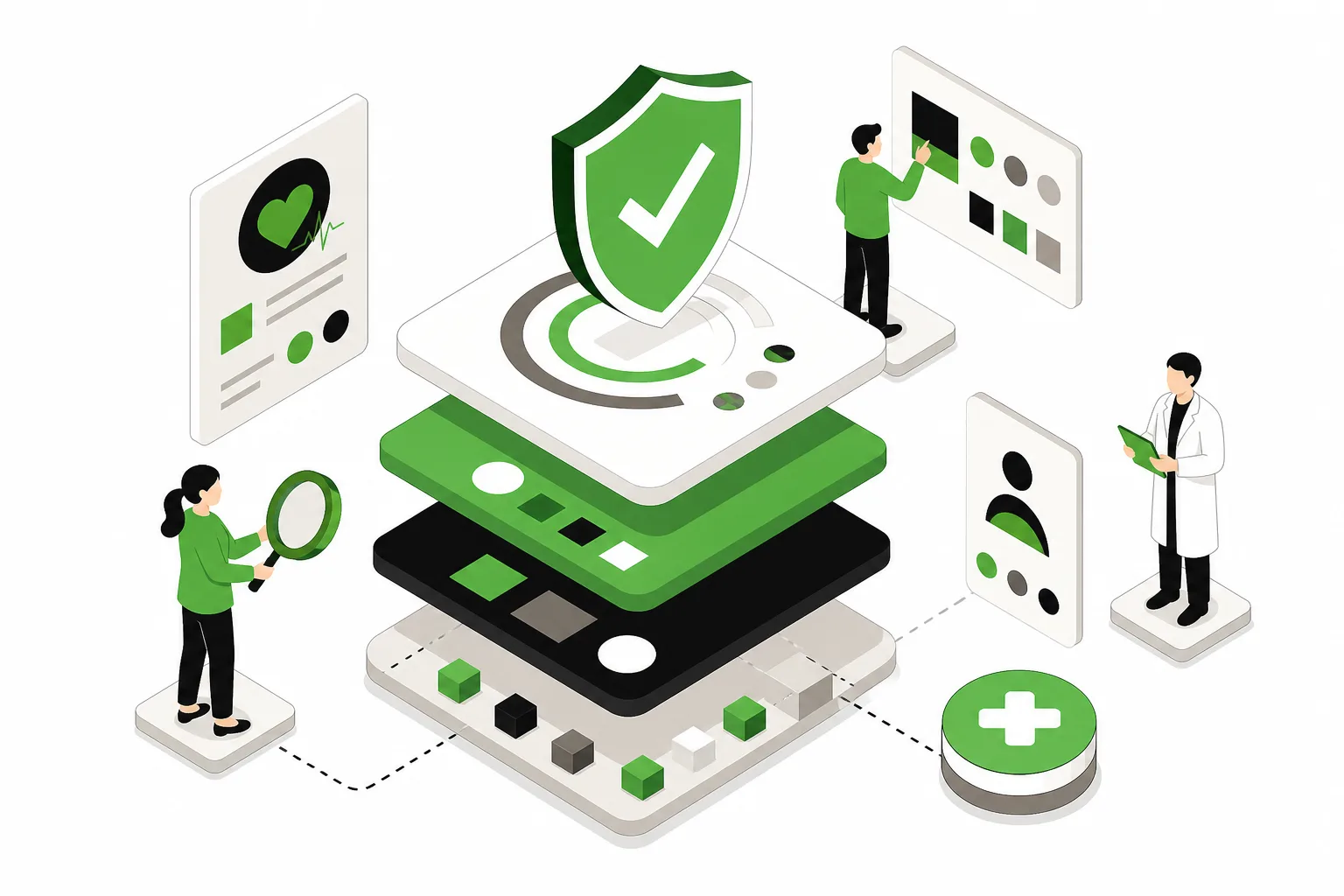 Conceptual layered composition representing editorial standards in healthcare AEO.