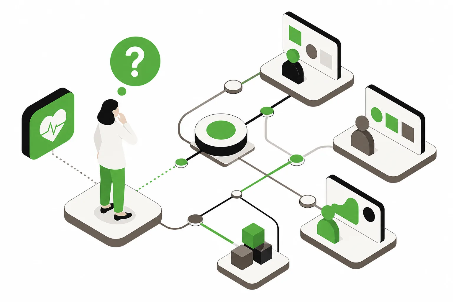 Abstract composition of interconnected nodes representing healthcare buyer questions during agency evaluation.