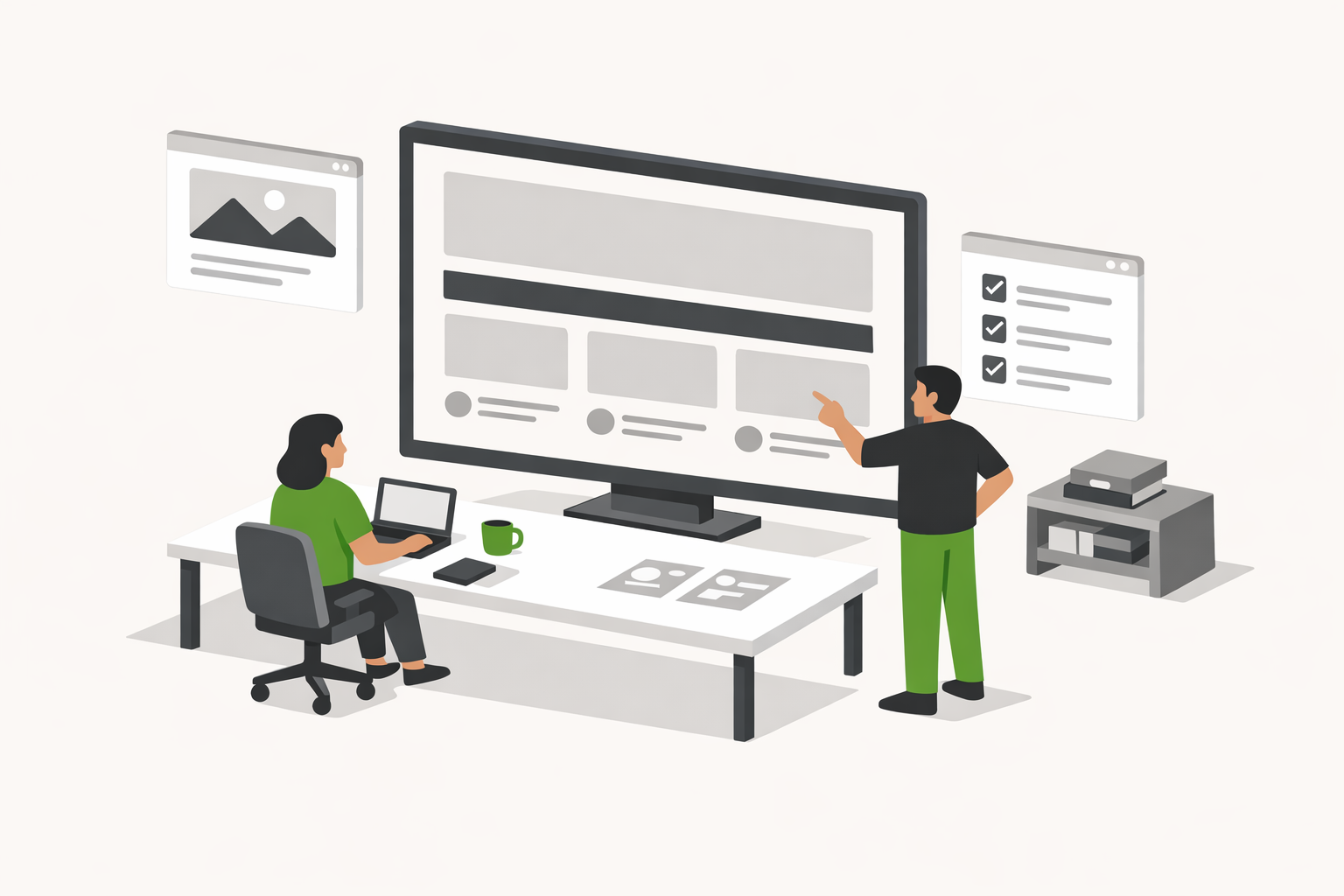 Isometric workspace with a screen displaying a simplified landing page layout.