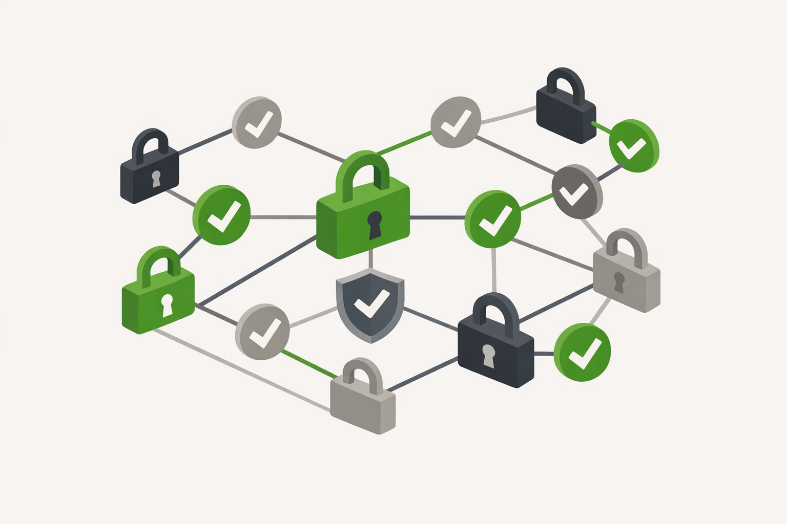 Isometric network of abstract trust signals like locks and checkmarks.