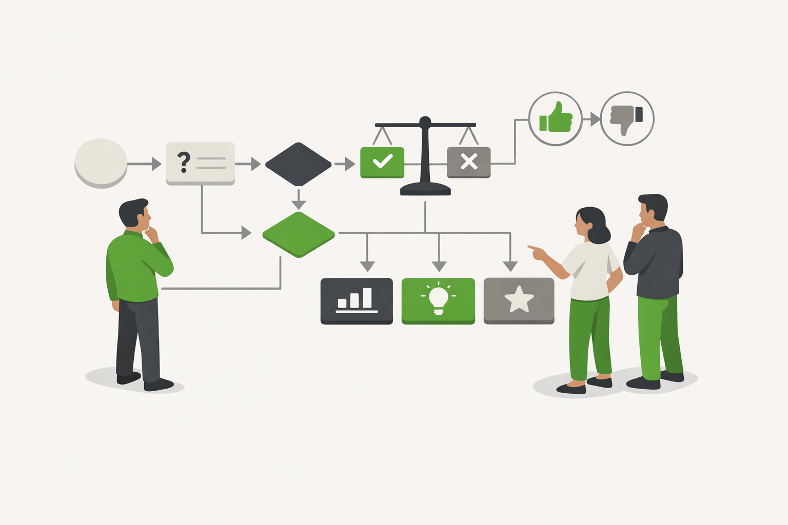 Workflow diagram with interconnected nodes on a white background.