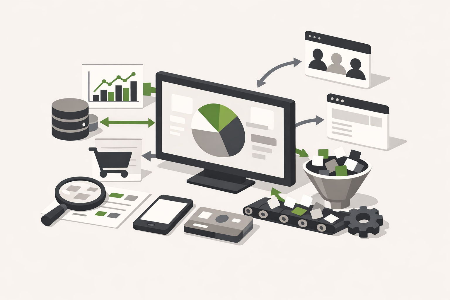 Closeup of abstract marketing data integration tools on a white background.