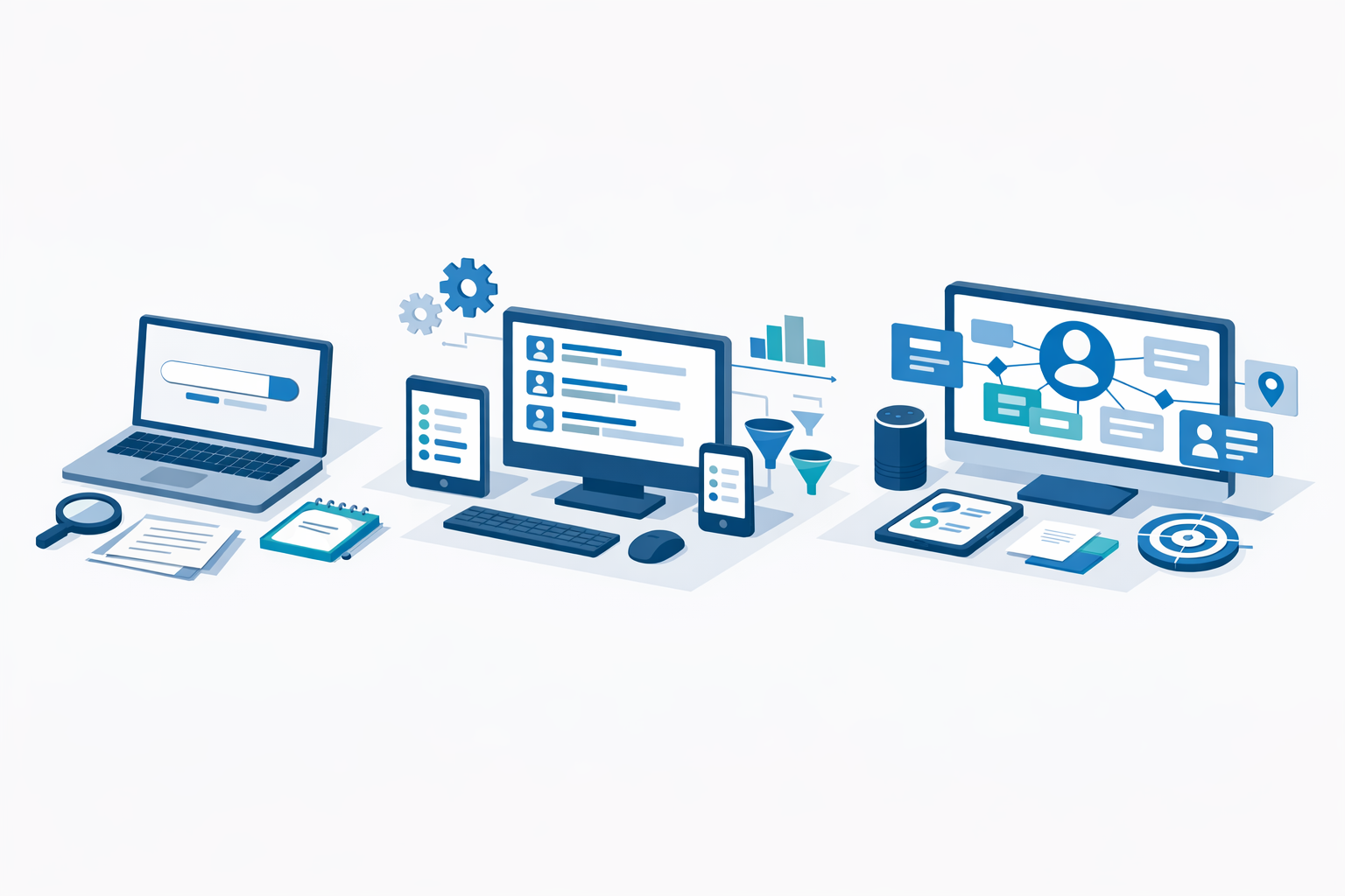 Workspace with multiple devices illustrating the shift from keyword to intent-based search