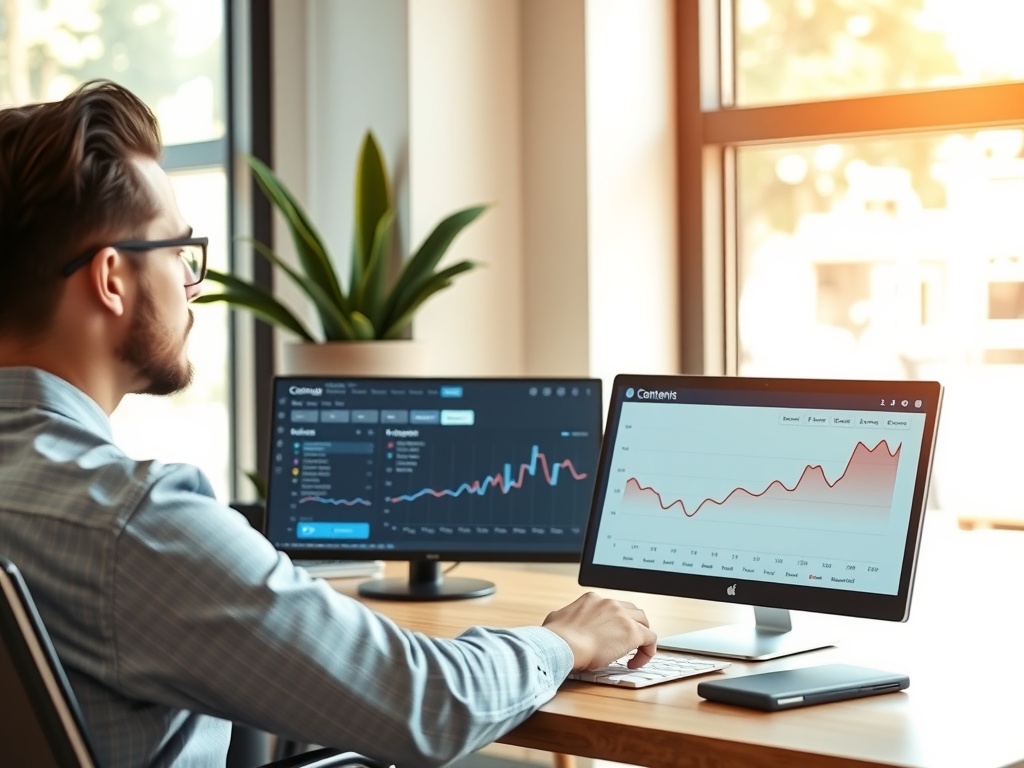 Marketer analyzing content gaps using SEO tools with dual monitors showing traffic and ranking data