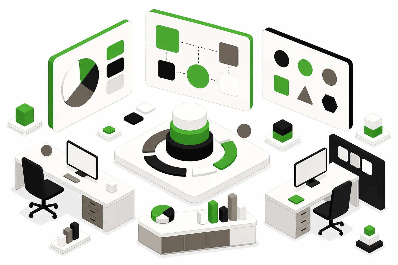 Office setting with computers and abstract screens depicting entity and brand clarity tasks.