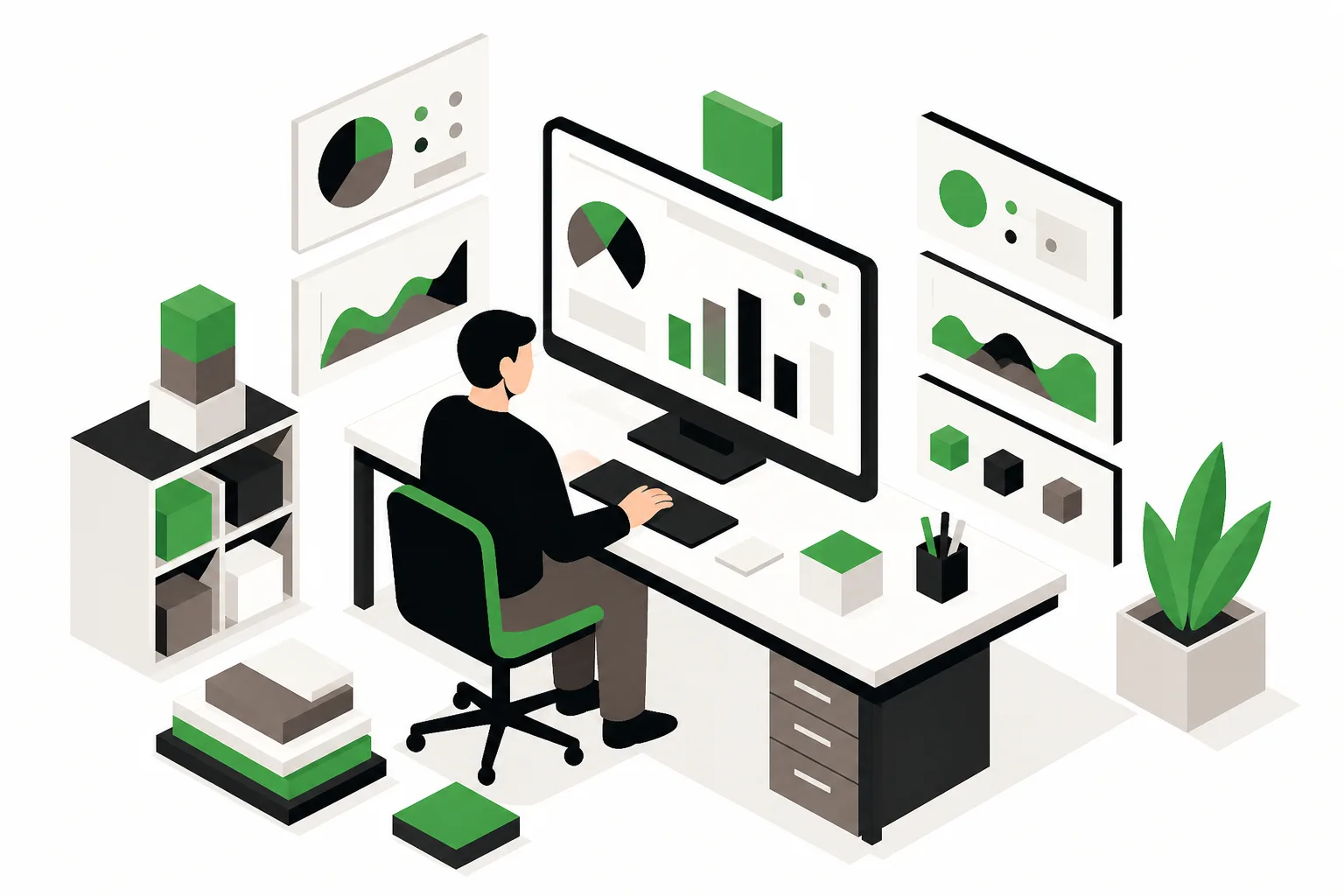 Structured workspace with geometric shapes representing information layers.