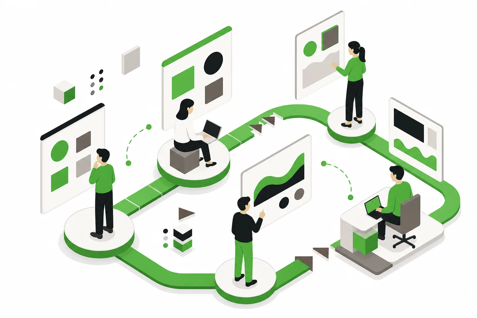 Abstract workspace with geometric screens depicting B2B buyer journey.