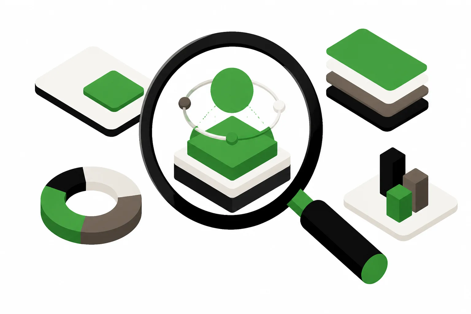 Magnifying glass over abstract shapes representing AI search authority.