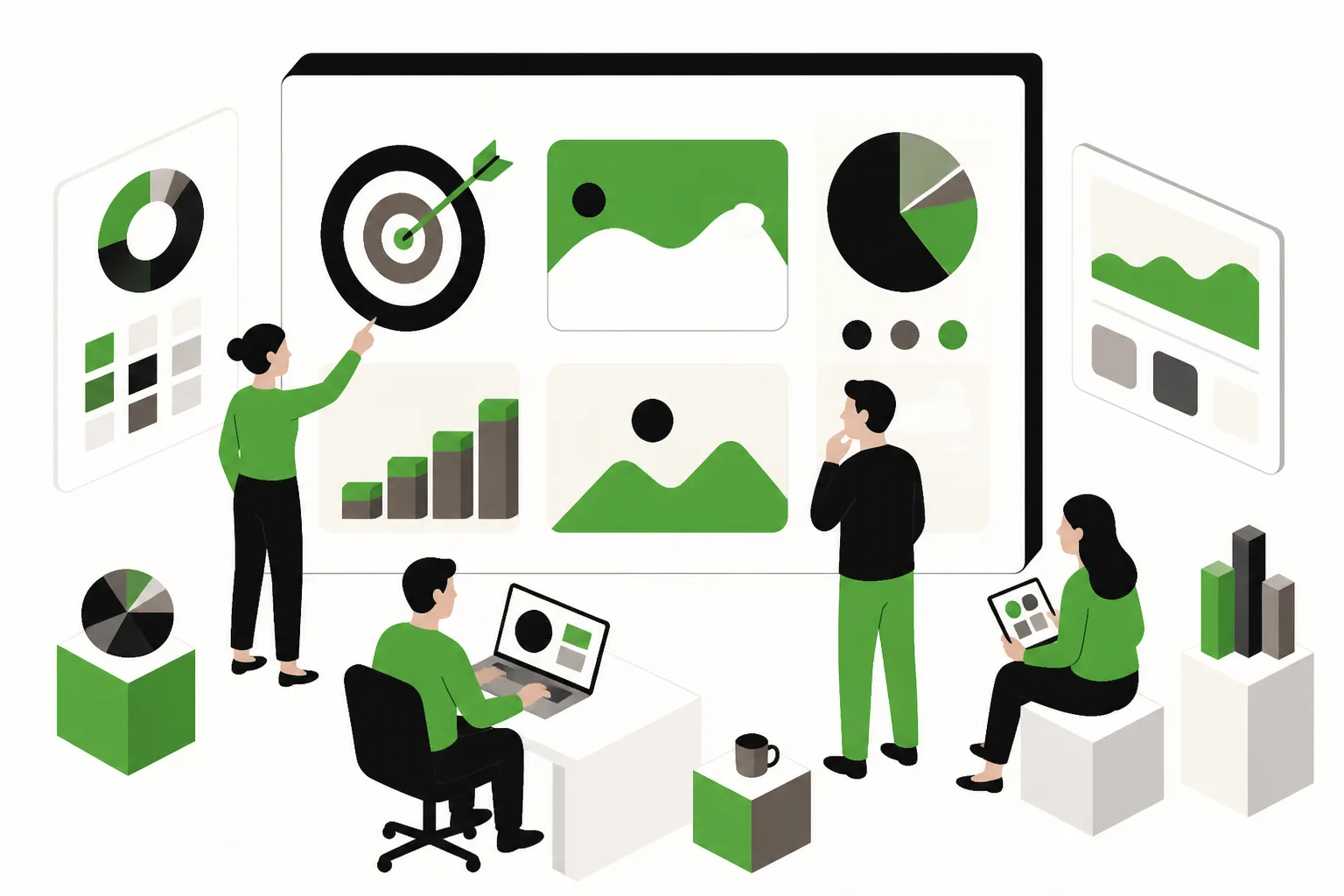 Workspace with abstract screens showing business goals not technical metrics.