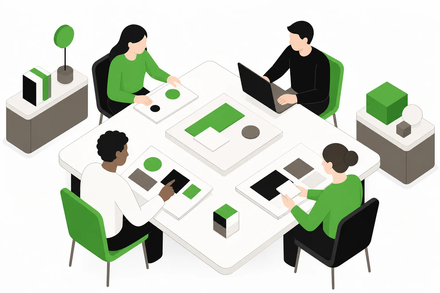 Geometric representation of experts collaborating at a table.