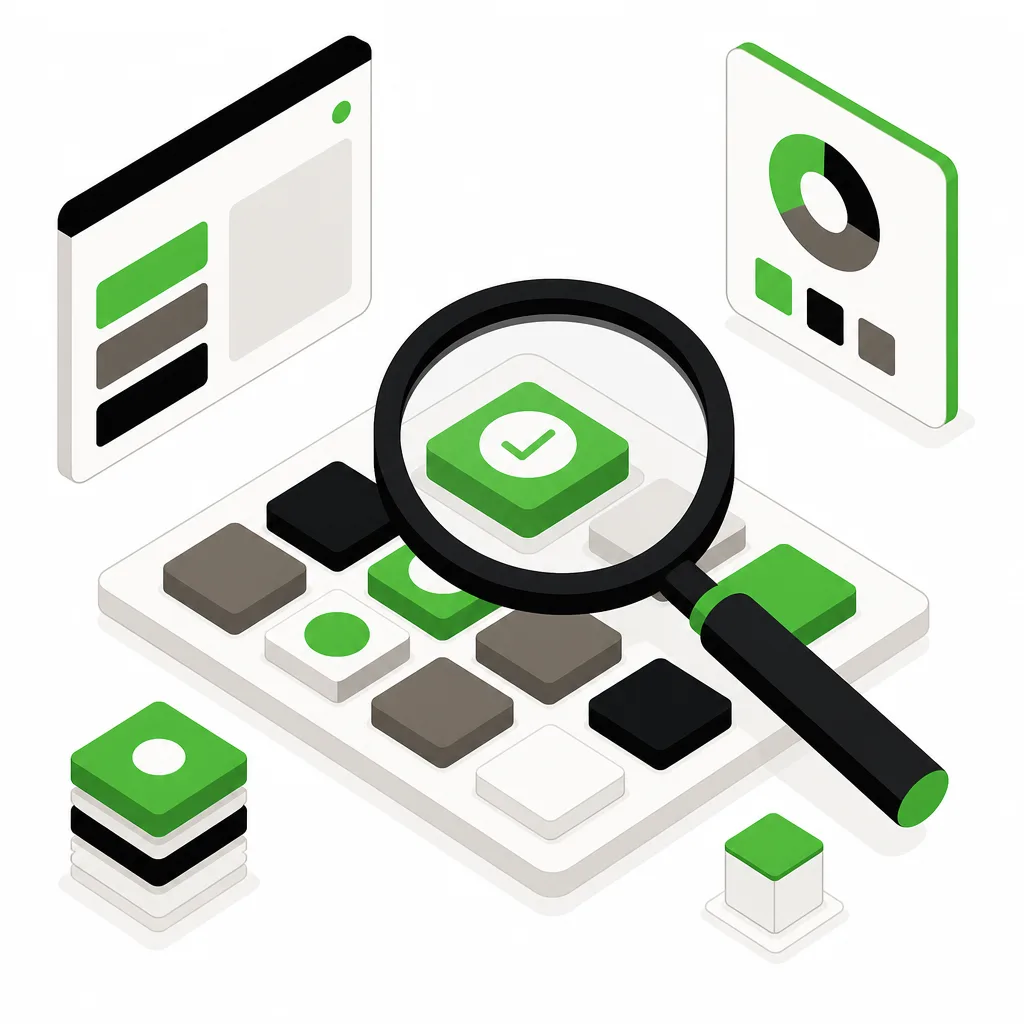 Closeup of a magnifying glass over structured data blocks.