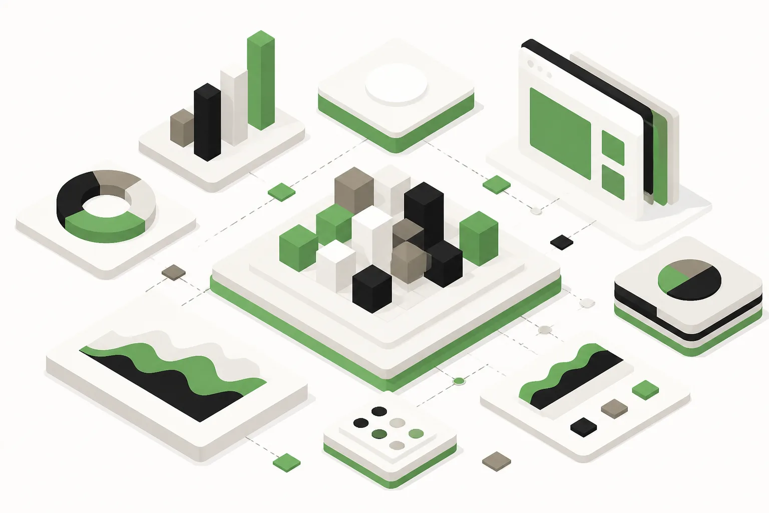 Abstract workspace with geometric blocks representing AI visibility.