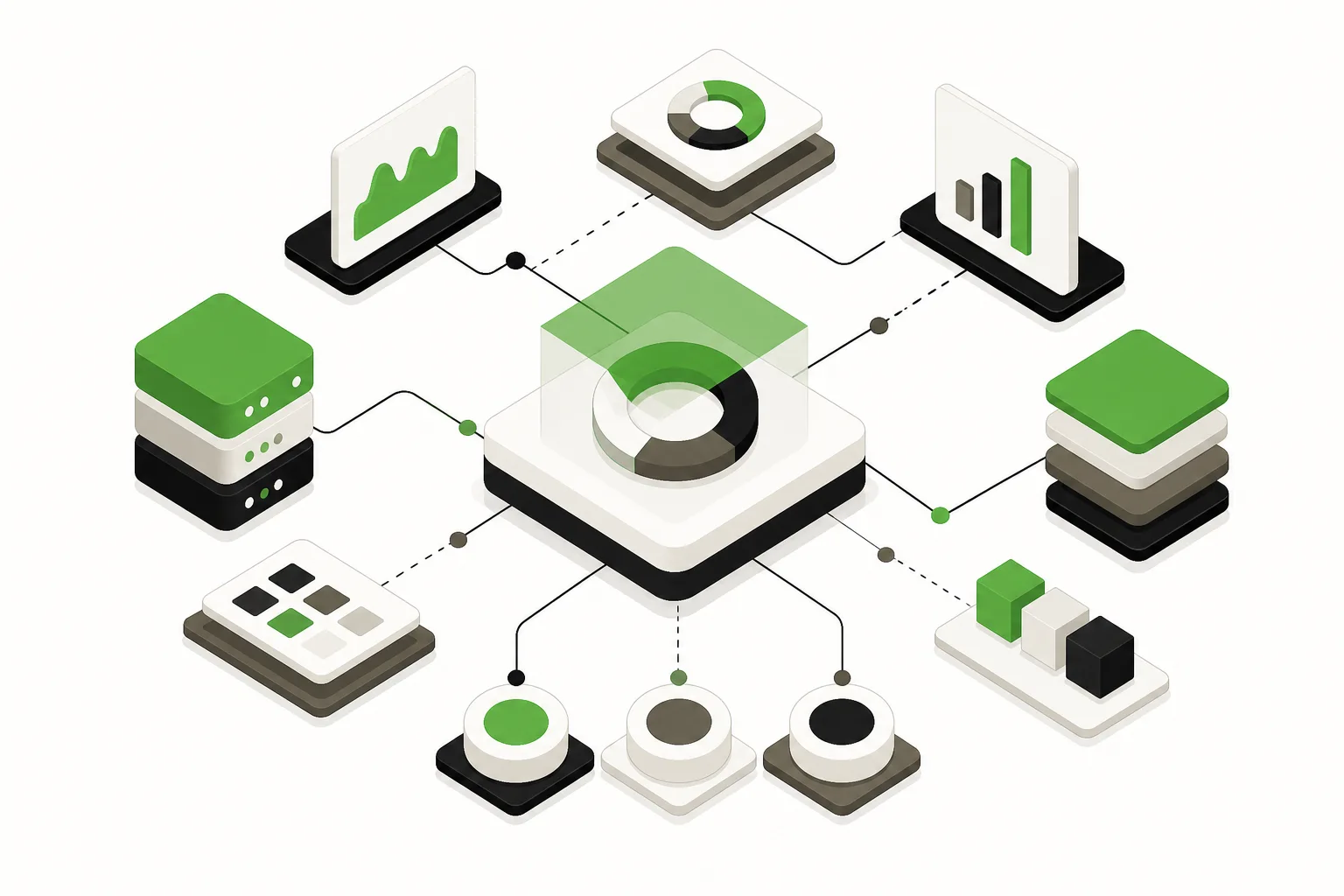 Isometric workspace with a flow diagram for service-level visibility.