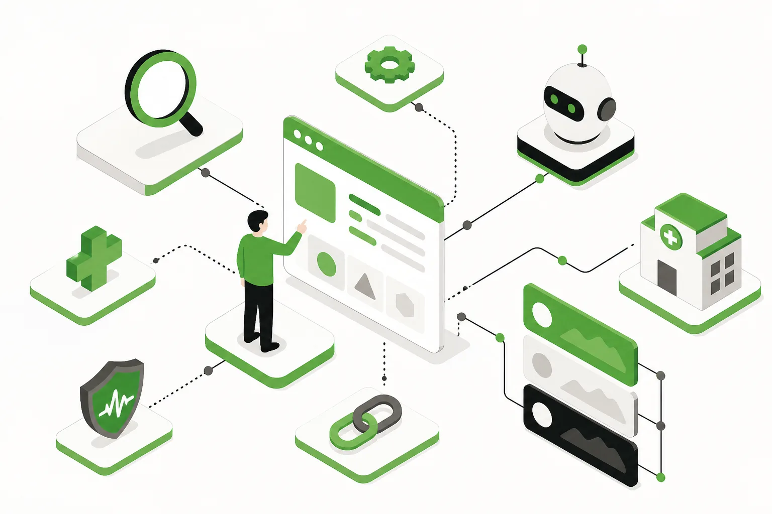 Abstract SEO process flow with interconnected nodes and healthcare icons.