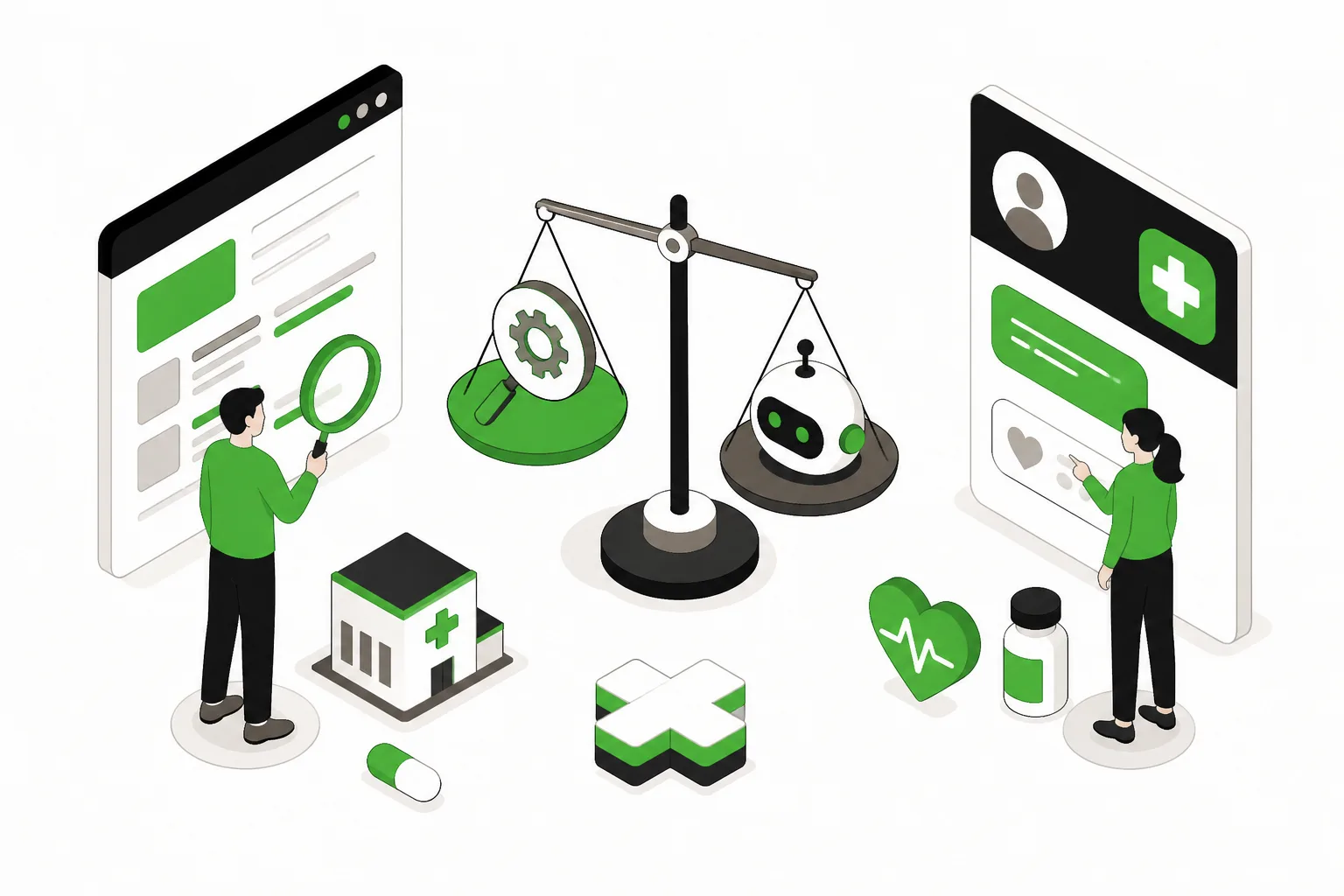 Dichotomy of SEO vs AEO symbols with healthcare elements.