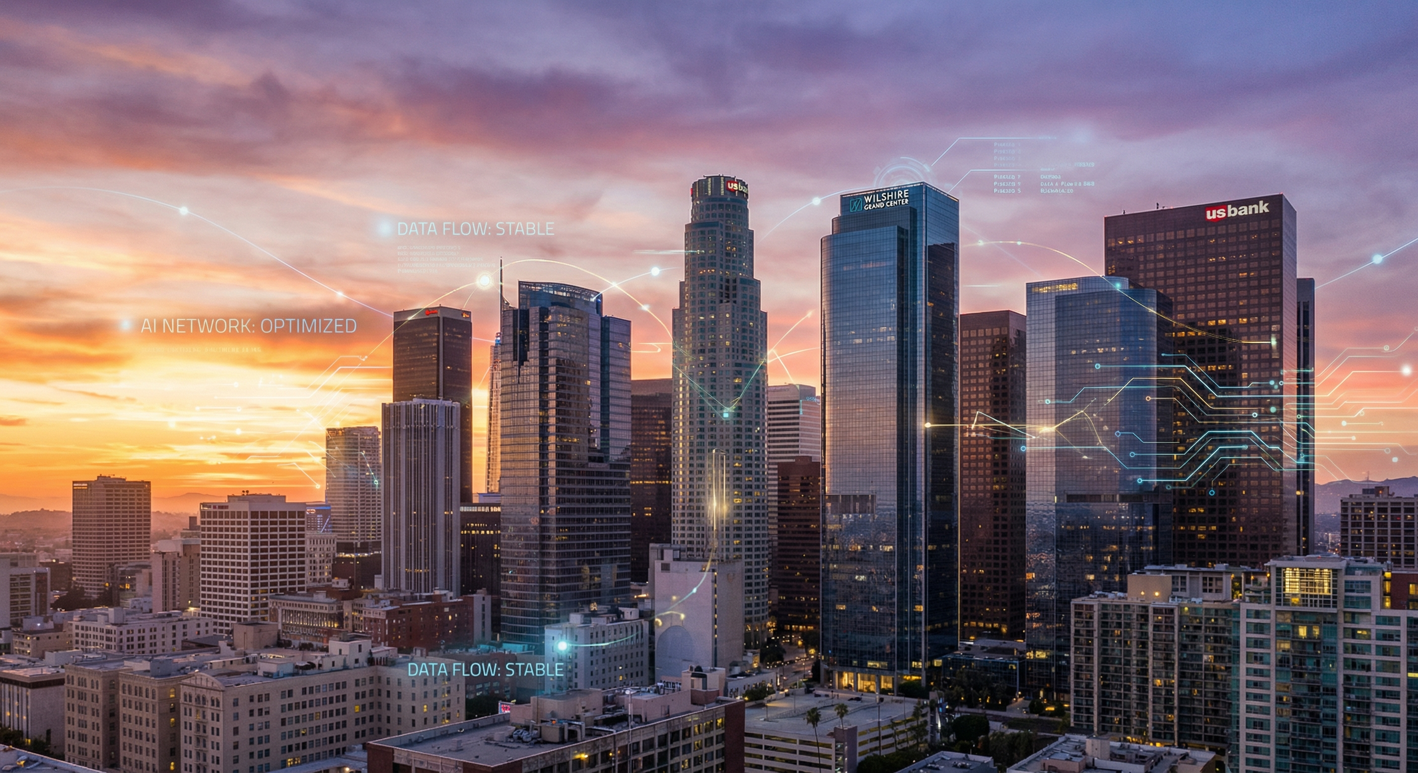 Los Angeles skyline at sunset with digital overlay representing AI connectivity