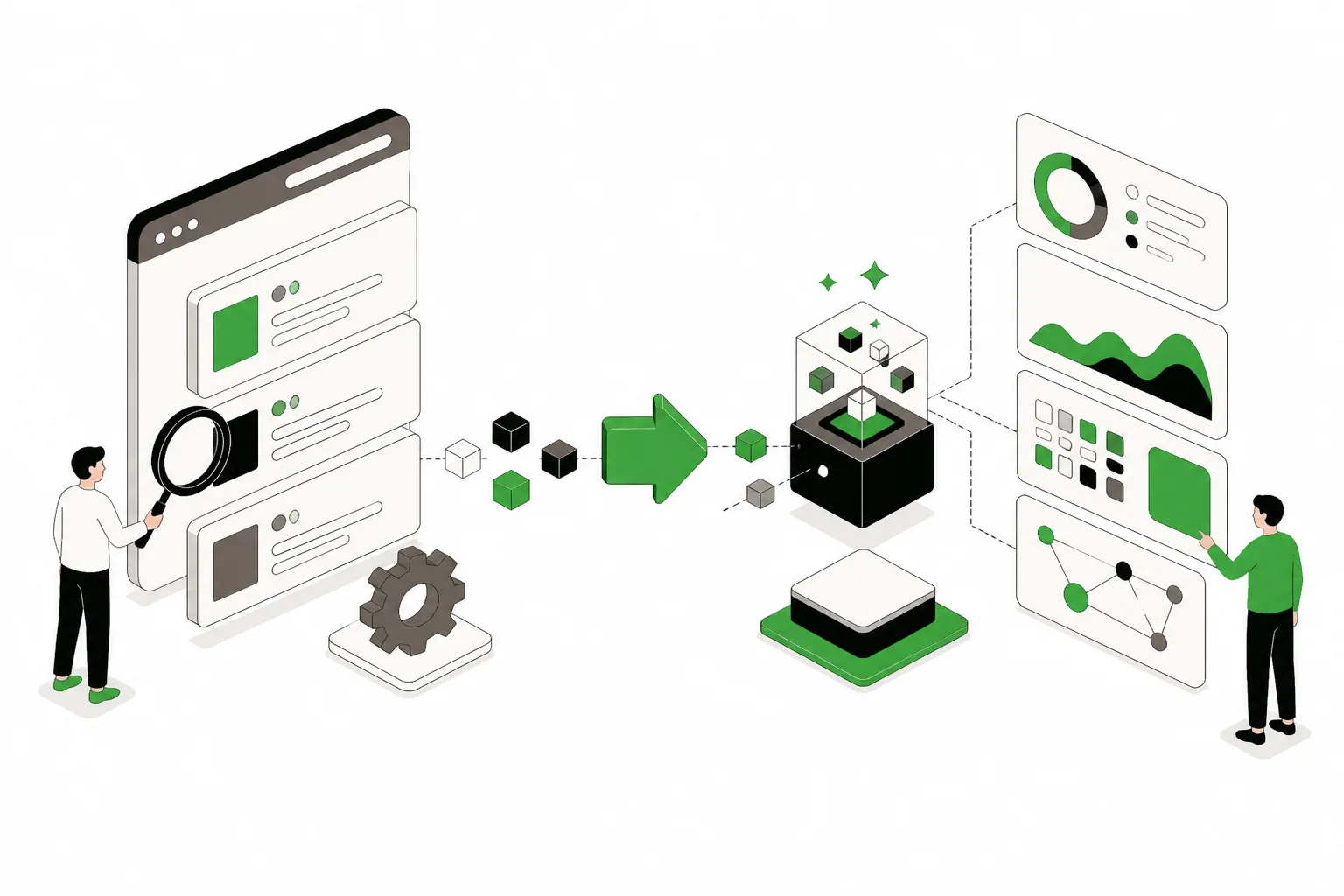 Flow diagram of abstract shapes illustrating transition from traditional SEO to AI search metrics.