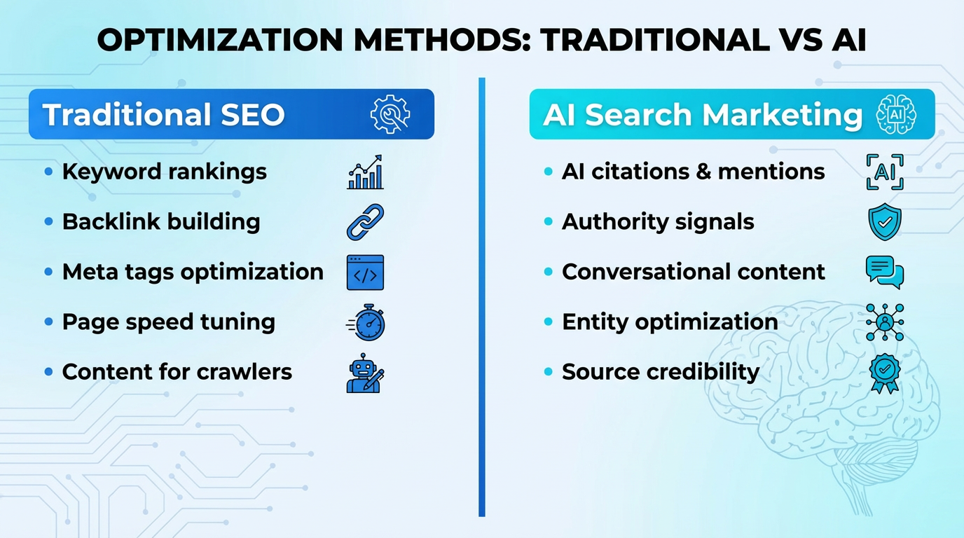 Detailed comparison chart of traditional SEO vs AI search marketing methods