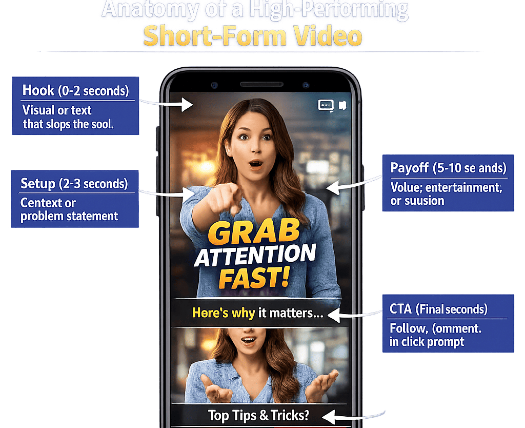 Anatomy of a high-performing short-form video showing hook, setup, payoff, and CTA structure