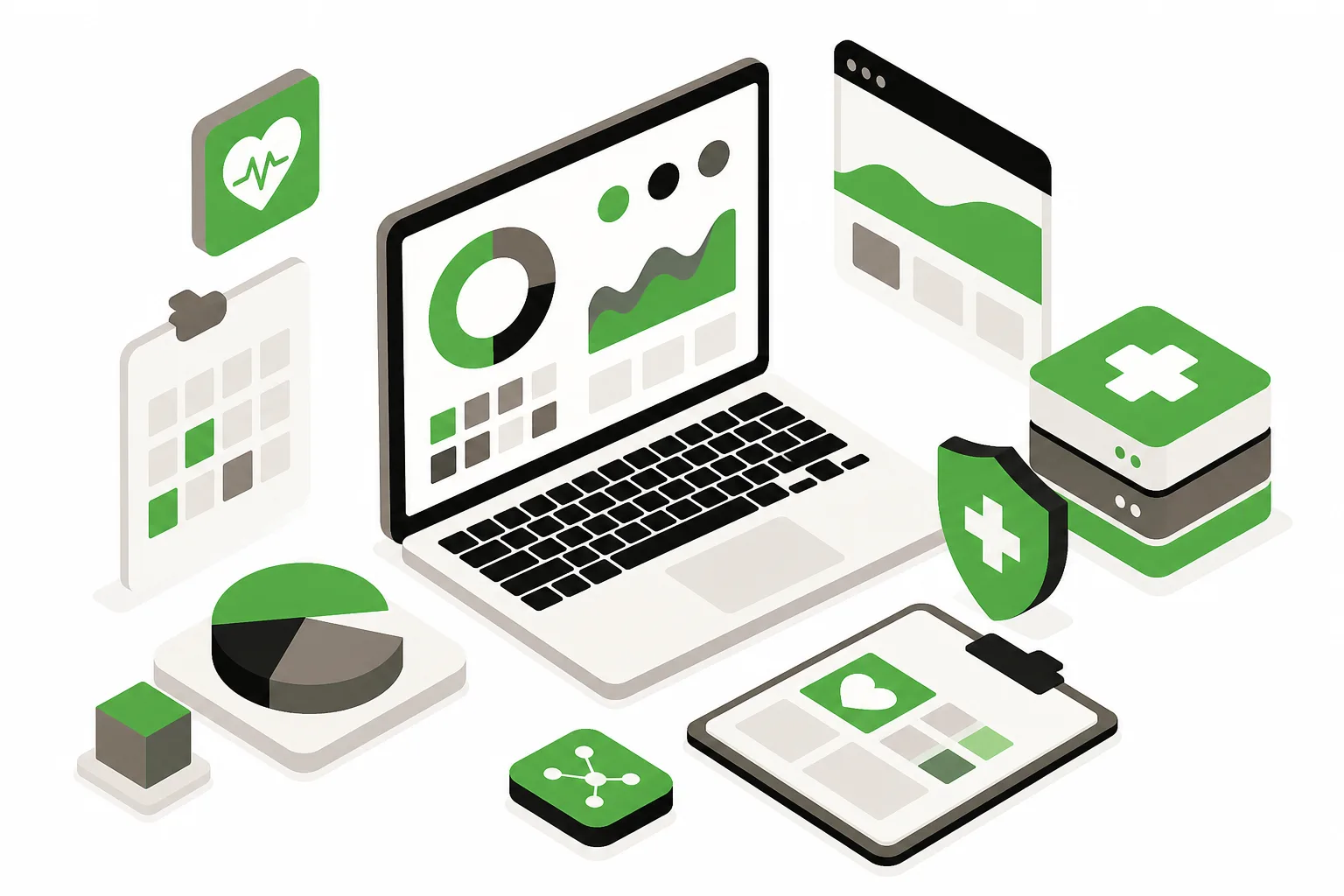 Digital workspace with data symbols and medical icons.