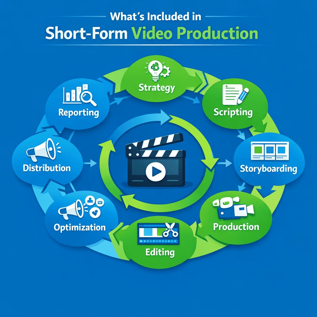 What's included in short-form video production: strategy, scripting, storyboarding, production, editing, optimization, distribution, and reporting